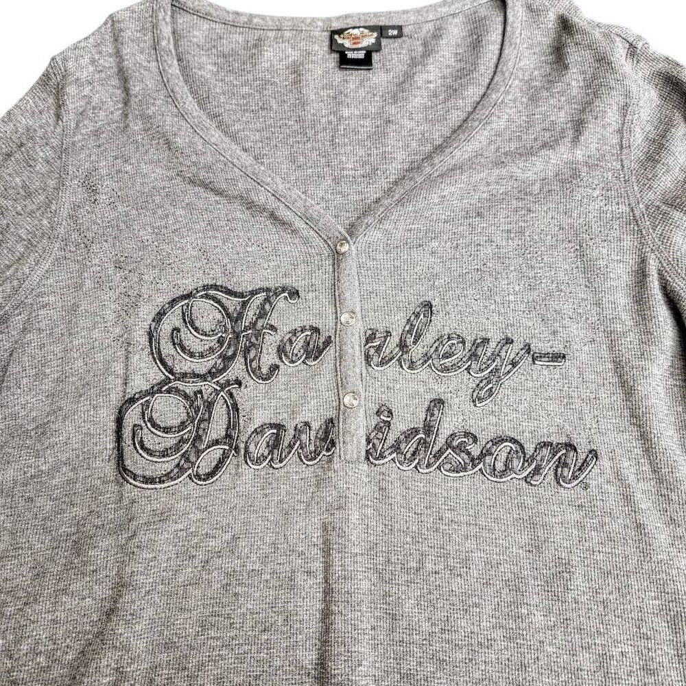Harley Davidson Soft Gray Long Sleeve Embroidered Rhinestone Embellished Shirt - Picture 8 of 9